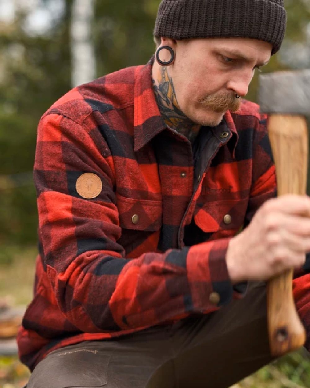 Red Black coloured Pinewood Mens Canada Classic 2.0 Shirt on forest background 