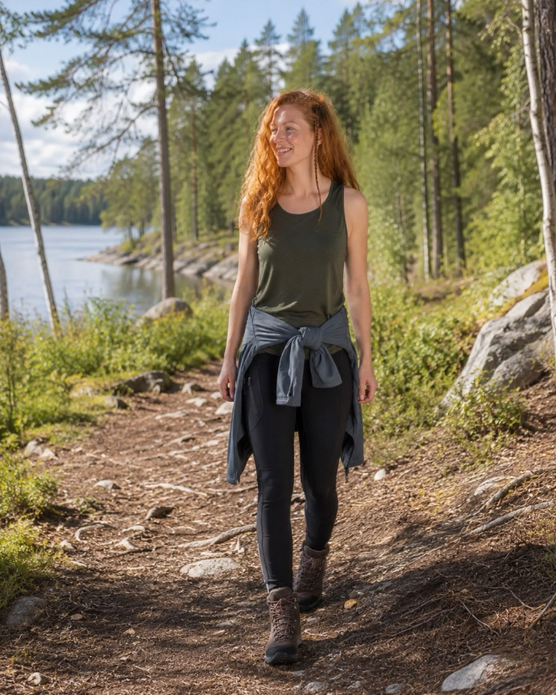 Smiling woman with long red hair walks along a rocky lakeside trail, wearing an olive green tank top, black leggings, hiking boots, and a grey jacket tied around her waist.