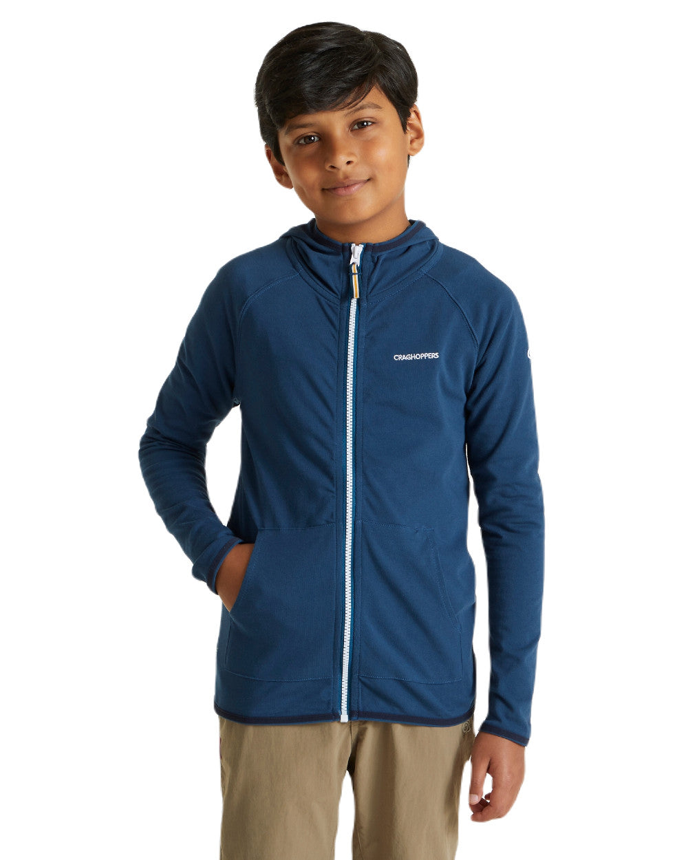 Poseidon Blue Coloured Craghoppers Childrens NosiLife Symmons Hooded Jacket On A White Background 