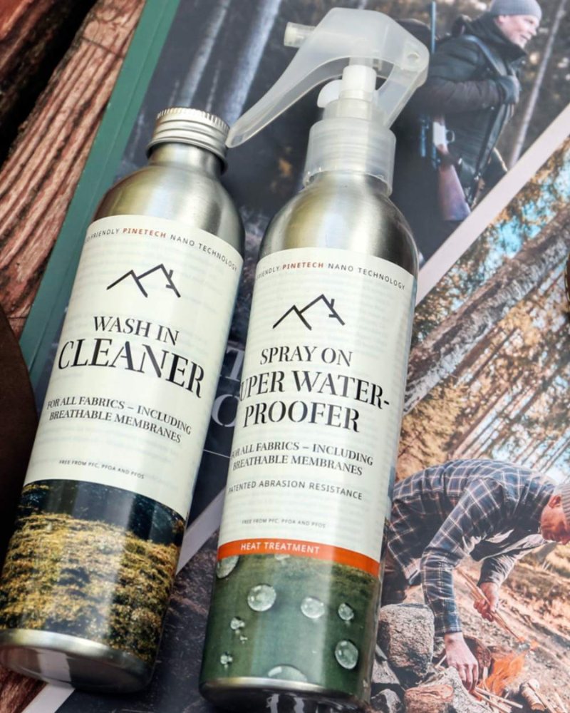 Pinewood fabric cleaner and waterproofing spray for outdoor clothing and breathable fabrics