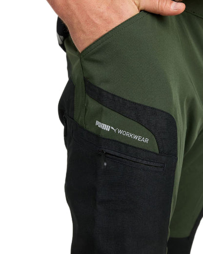 Olive Anthracite Coloured Puma Workwear Mens Pro One Premium Outdoor Work Trousers on white background 