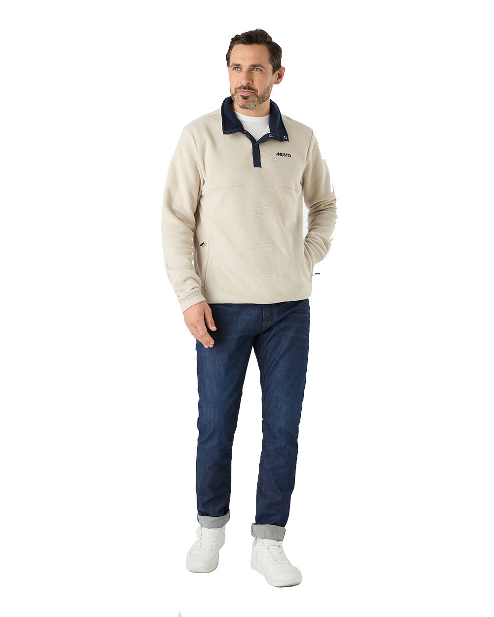 Pumice Coloured Musto Mens Classic Fleece Pullover On A White Background 