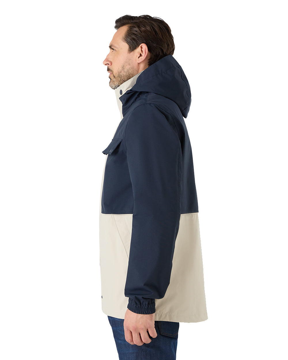 Pumice/Navy Coloured Musto Mens Classic Shore Waterproof Jacket On A White Background 