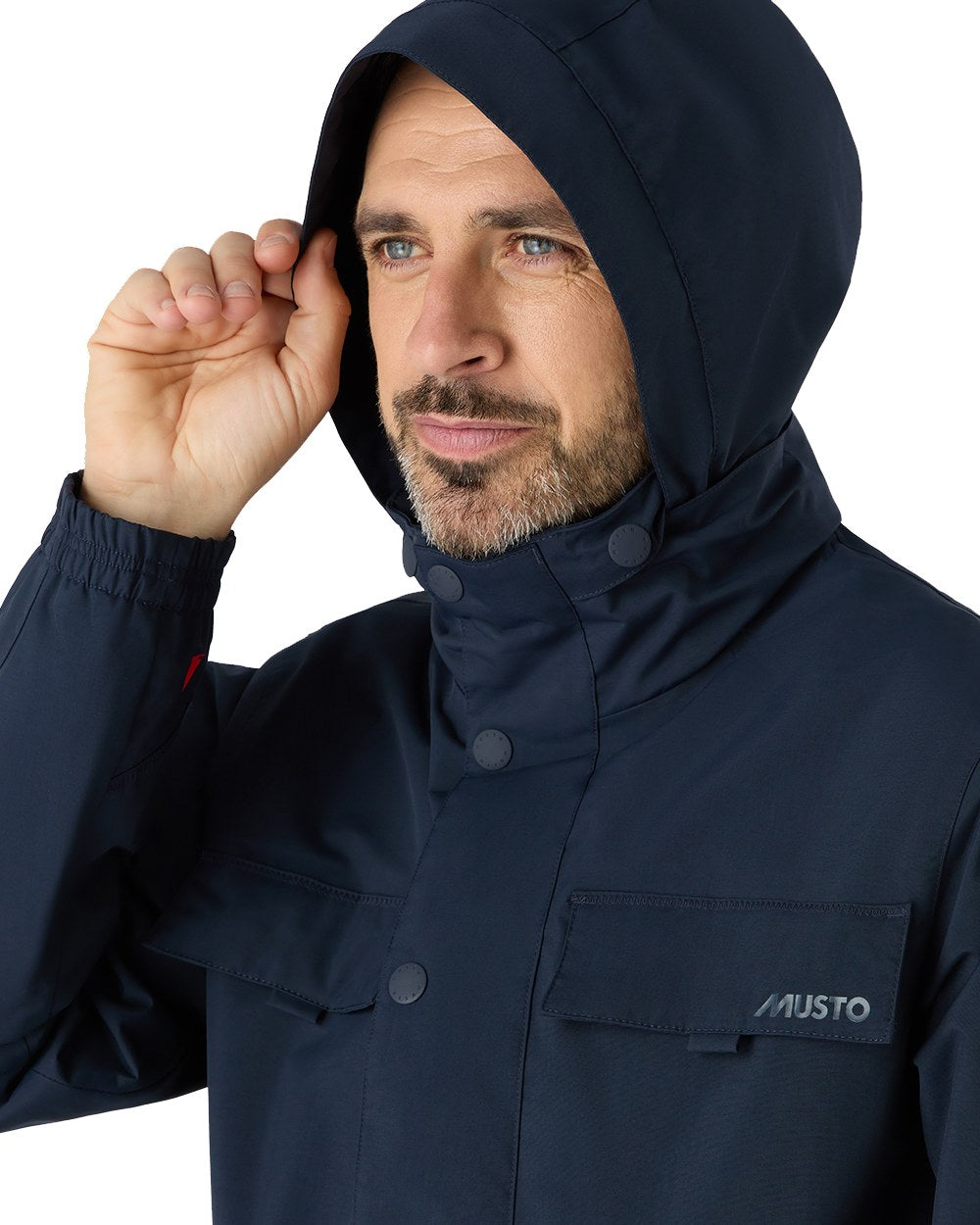 Navy Coloured Musto Mens Classic Shore Waterproof Jacket On A White Background 