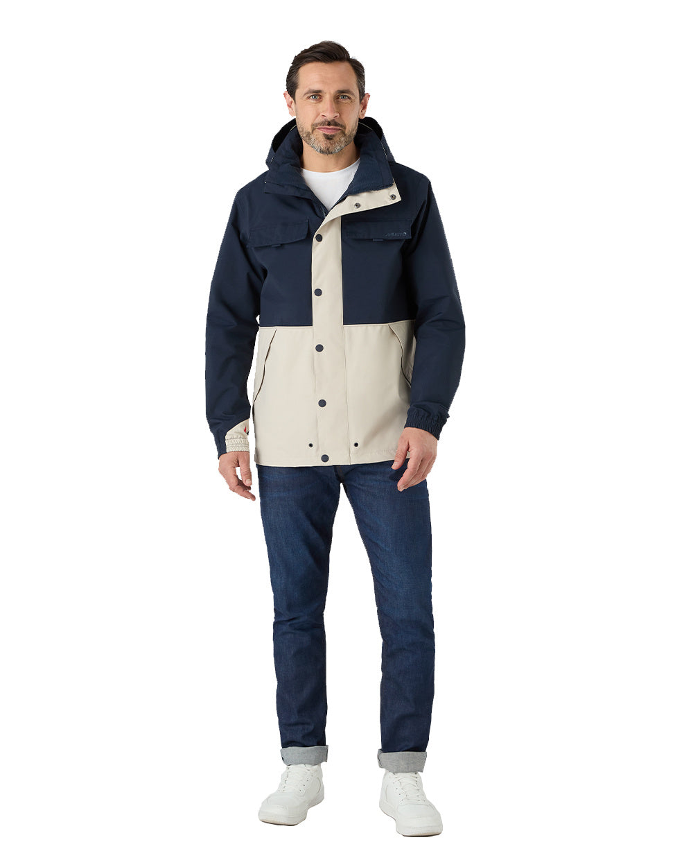 Pumice/Navy Coloured Musto Mens Classic Shore Waterproof Jacket On A White Background 