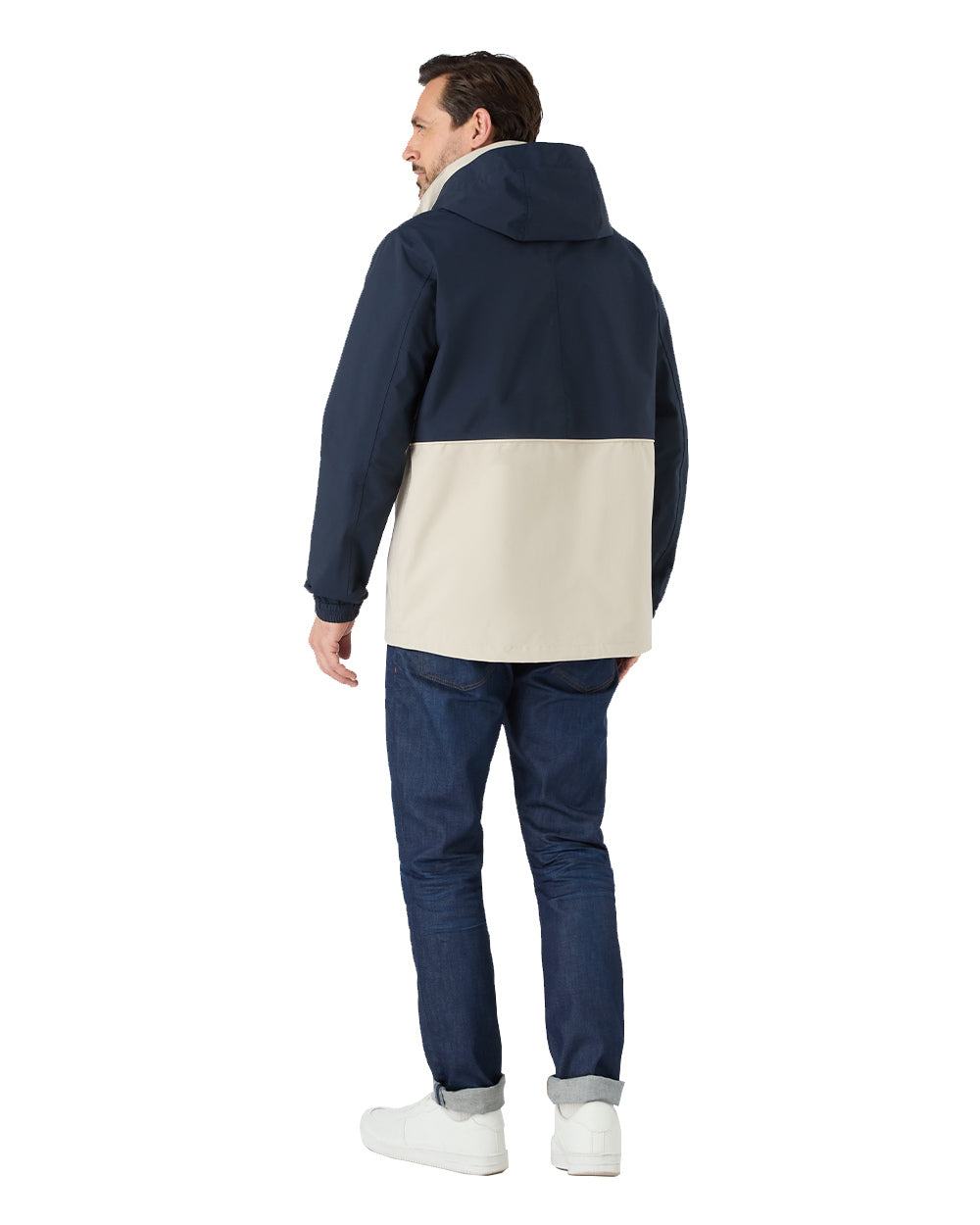 Pumice/Navy Coloured Musto Mens Classic Shore Waterproof Jacket On A White Background 