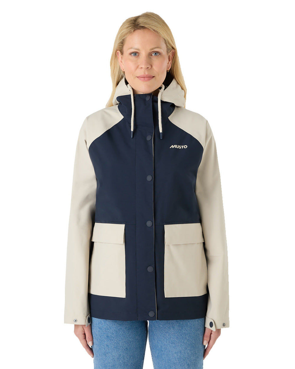 Pumice/Navy Coloured Musto Womens Classic Shore Waterproof Jacket On A White Background 