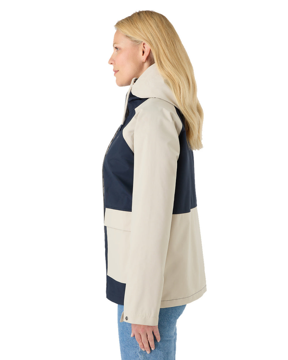 Pumice/Navy Coloured Musto Womens Classic Shore Waterproof Jacket On A White Background 