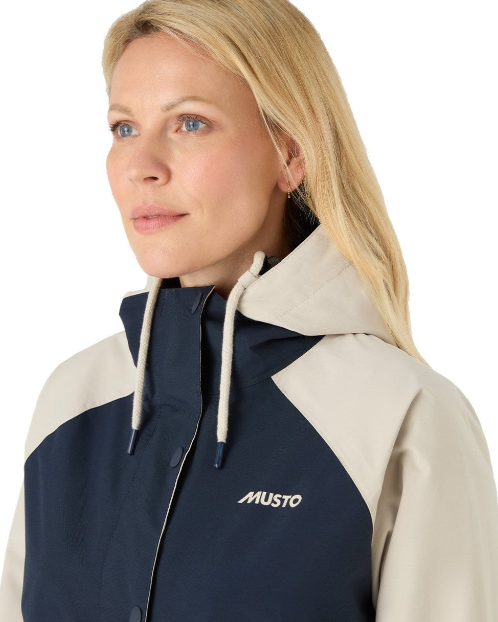 Pumice/Navy Coloured Musto Womens Classic Shore Waterproof Jacket On A White Background 