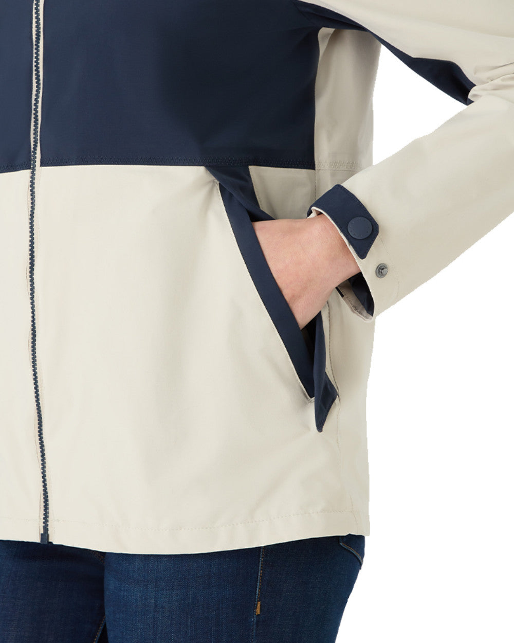 Pumice/Navy Coloured Musto Womens Marina Rain Jacket On A White Background 