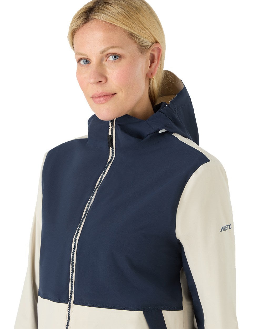 Pumice/Navy Coloured Musto Womens Marina Rain Jacket On A White Background 