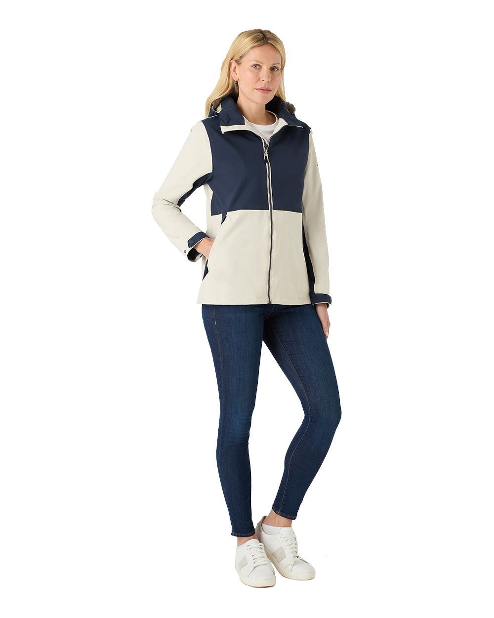 Pumice/Navy Coloured Musto Womens Marina Rain Jacket On A White Background 