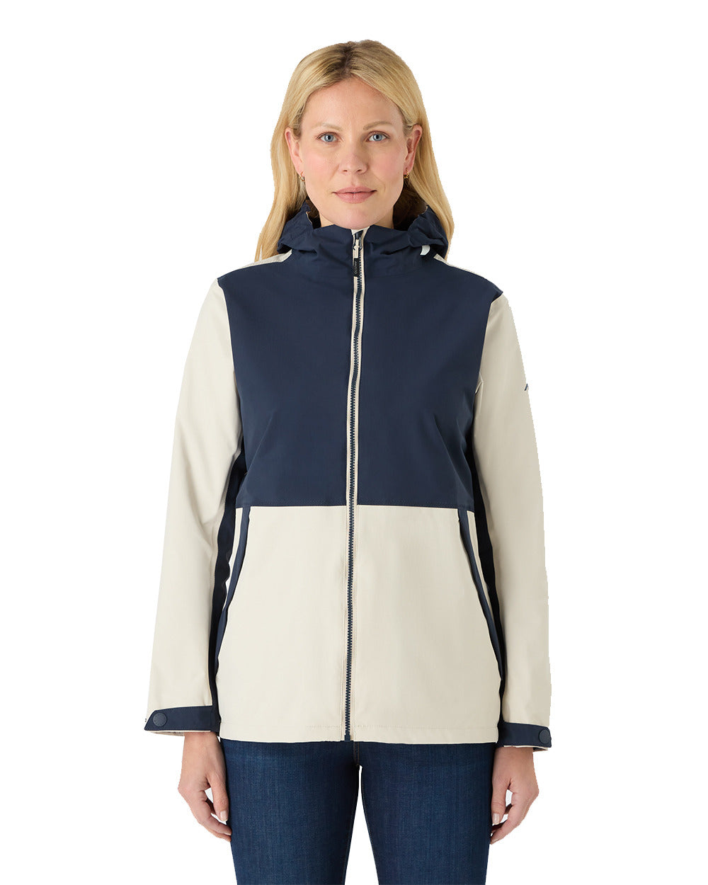 Pumice/Navy Coloured Musto Womens Marina Rain Jacket On A White Background 