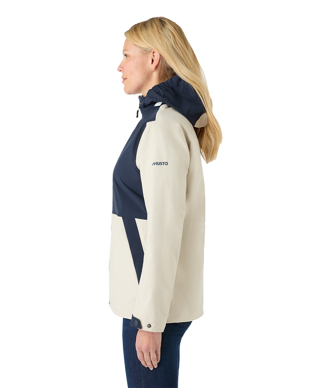 Pumice/Navy Coloured Musto Womens Marina Rain Jacket On A White Background 