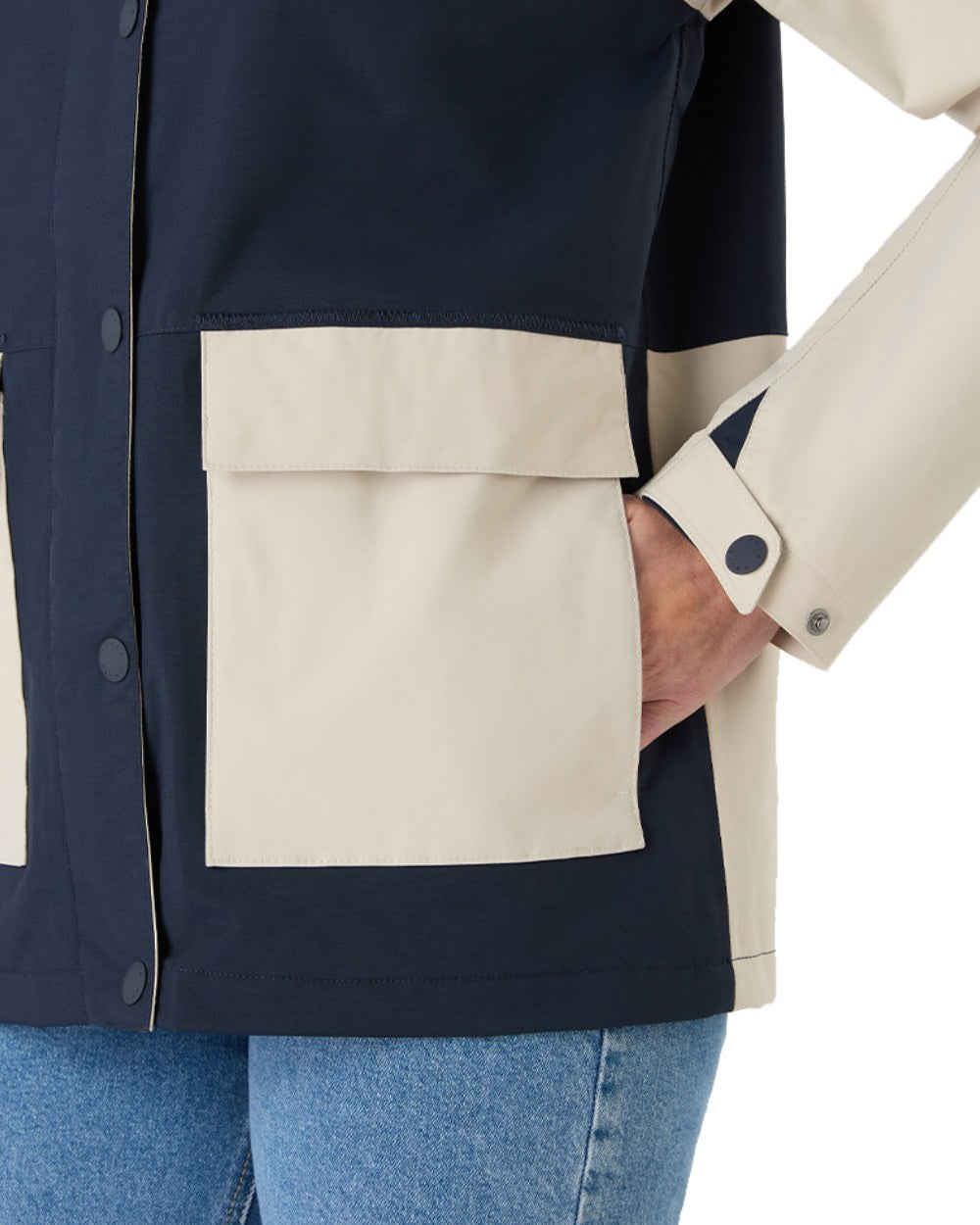 Pumice/Navy Coloured Musto Womens Classic Shore Waterproof Jacket On A White Background 