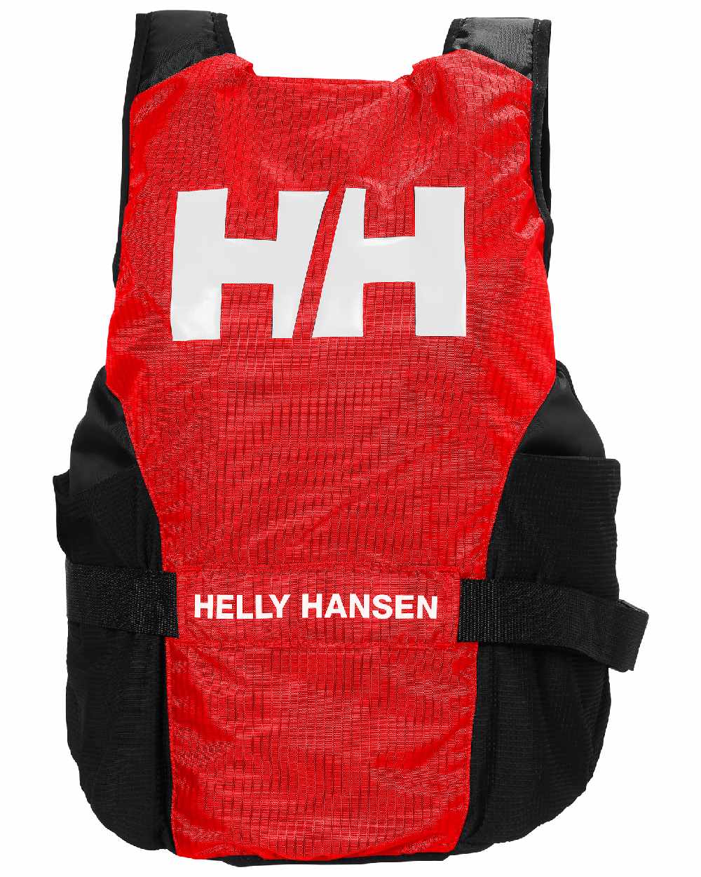 Alert Red coloured Helly Hansen Rider Foil Race Life Jacket on white background 