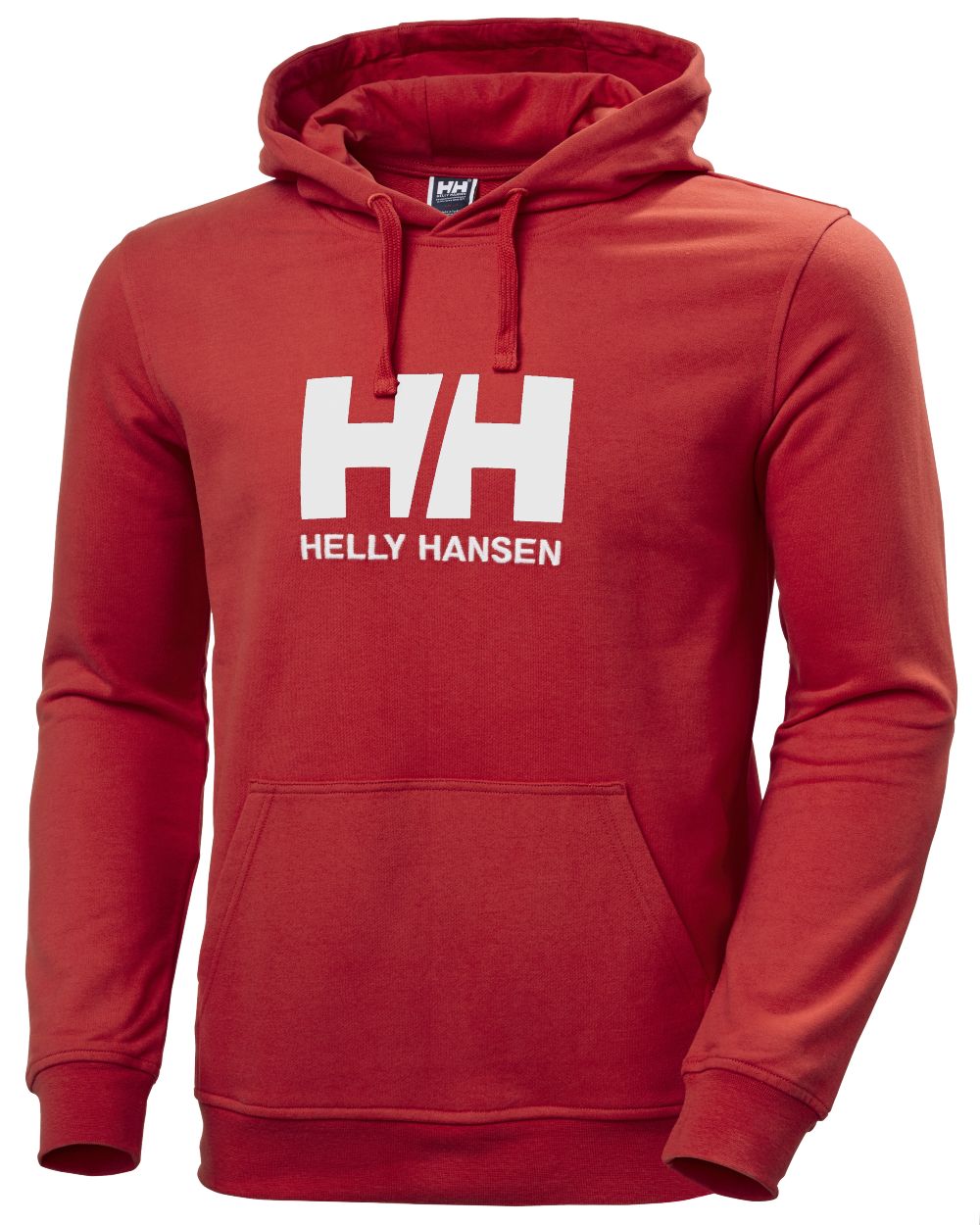Red Coloured Helly Hansen Mens Logo Hoodie On A White Background 