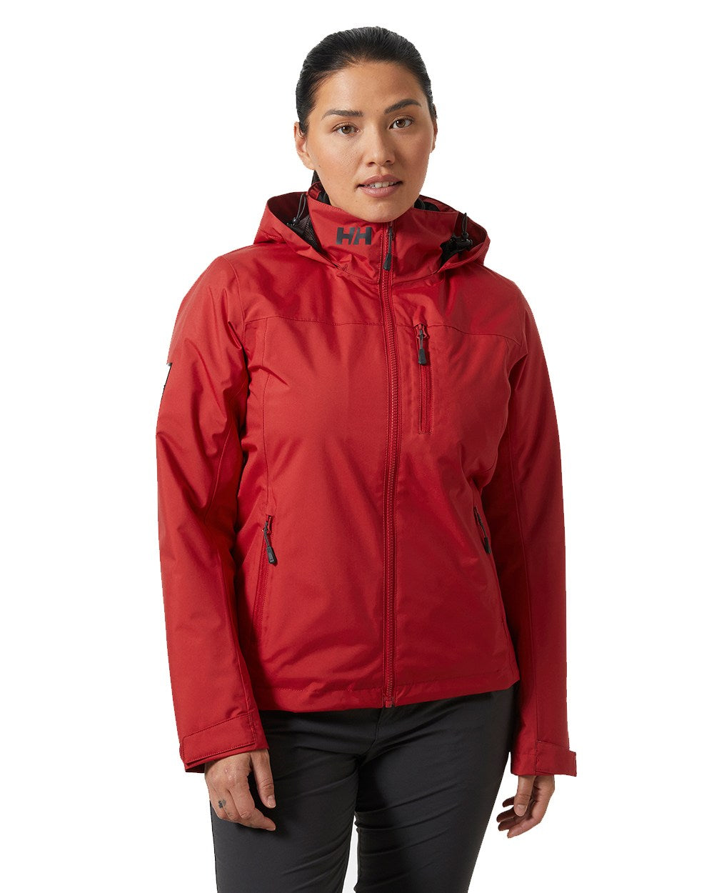 Red Coloured Helly Hansen Womens Crew Hooded Midlayer Sailing Jacket 2.0 On A White Background 