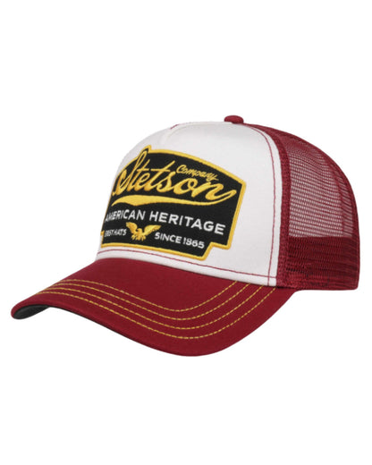 Red/White coloured Stetson American Heritage Trucker Cap on White background 