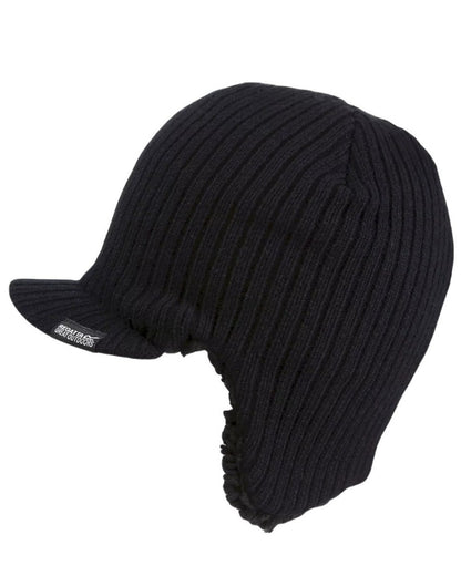 Black coloured Regatta Anvil Knitted Peak Cap on blurry white background 