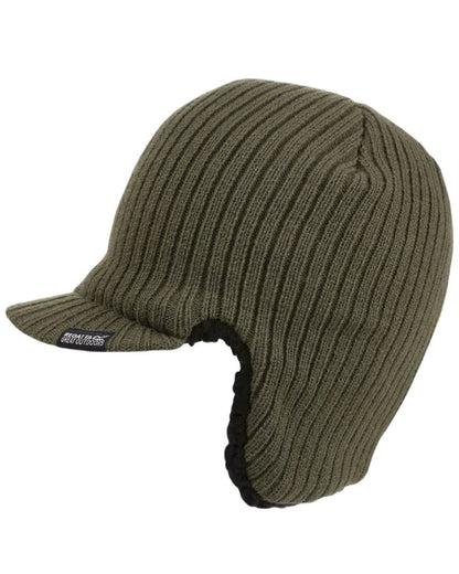 Dark Khaki coloured Regatta Anvil Knitted Peak Cap on blurry green background 