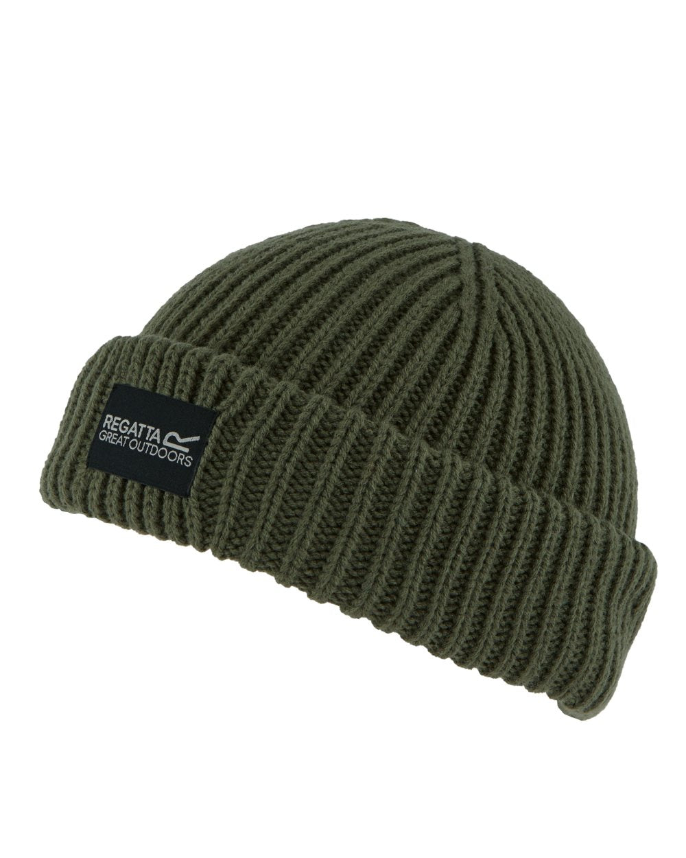 Olive Green Coloured Regatta Childrens Connora Fisherman Beanie on white background 