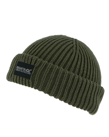 Olive Green Coloured Regatta Childrens Connora Fisherman Beanie on white background 