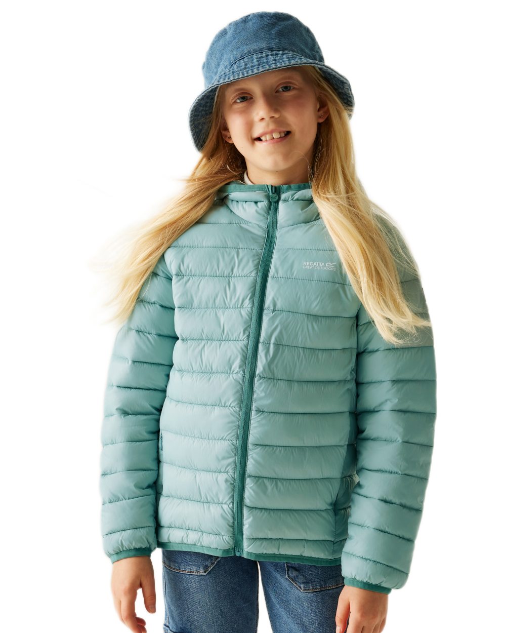 Green Haze Spruce Green Coloured Regatta Childrens Hooded Marizion Padded Jacket on white background 