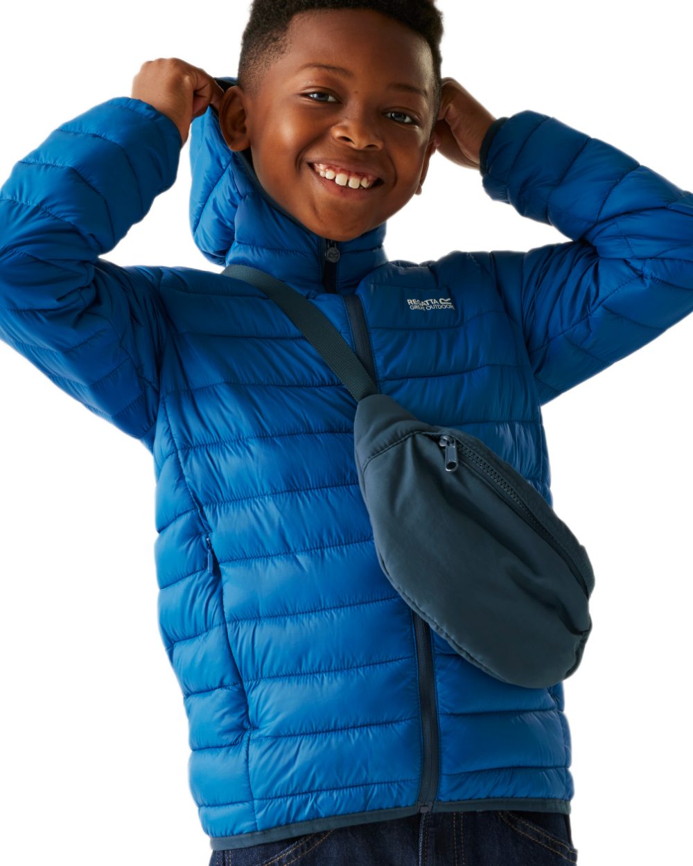 Snorkel Blue Moonlight Denim Coloured Regatta Childrens Hooded Marizion Padded Jacket on white background 