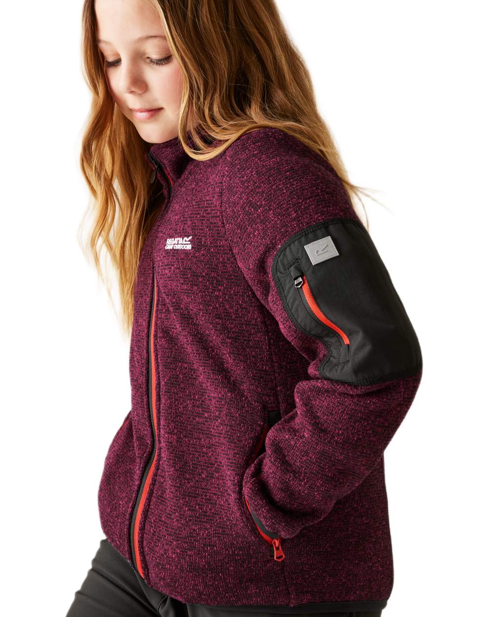 Dark Pimento Coloured Regatta Childrens Junior Newhill Full Zip Fleece Jacket on white background 