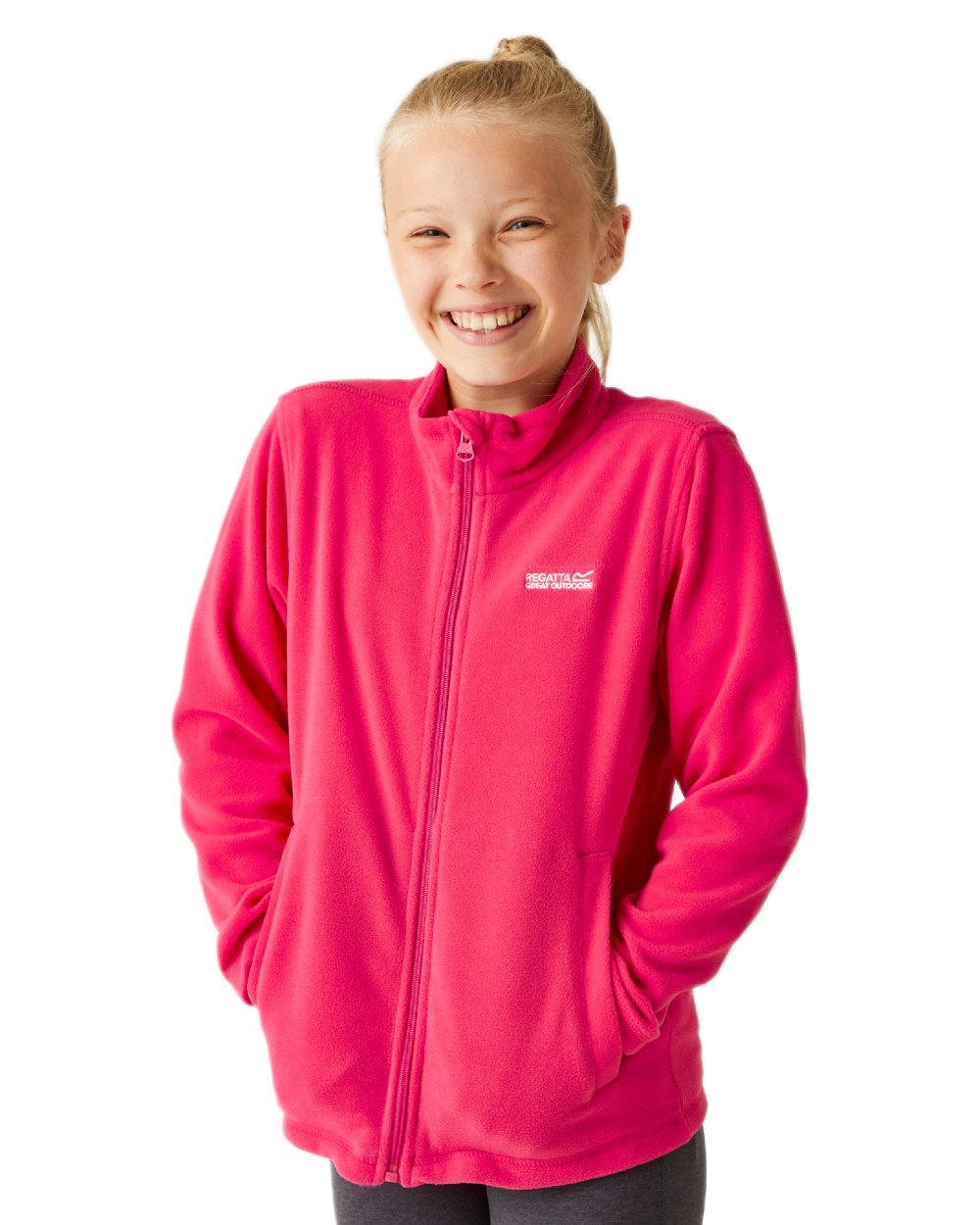 Pink Coloured Regatta Childrens King II Full Zip Fleece Jacket on white background 