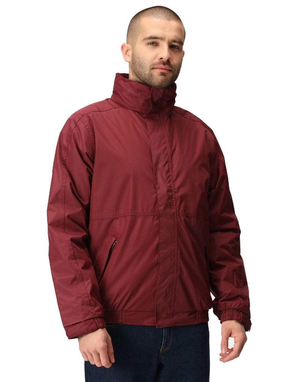 Burgundy coloured Regatta Dover Fleece Lined Bomber Jacket on white background 