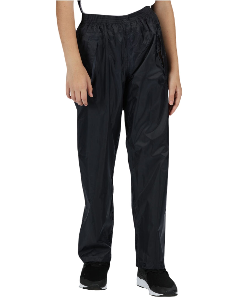 Black coloured Regatta Kids Pro Stormbreak Waterproof Overtrousers on white background 