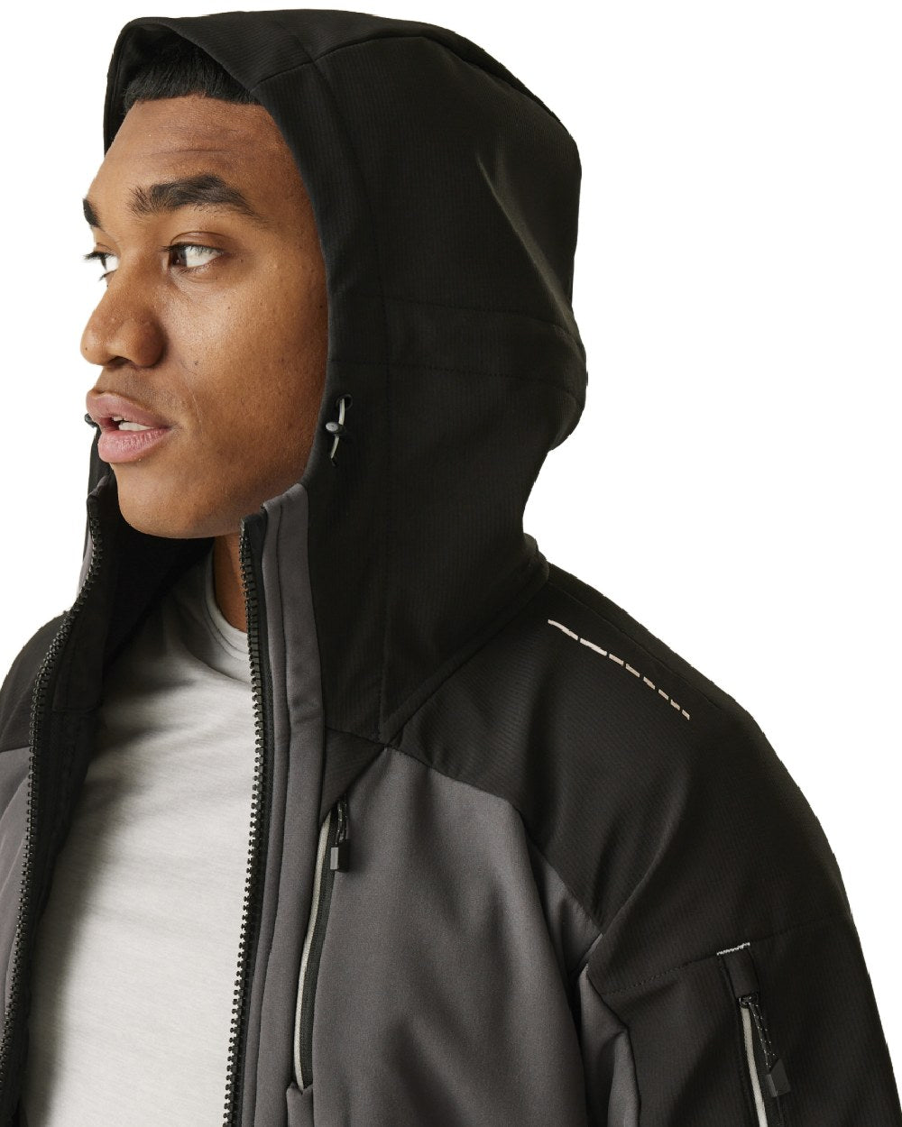 Slate Grey Black coloured Regatta Mens 4Tex Stretch 3 Layer Softshell Jacket on white background 