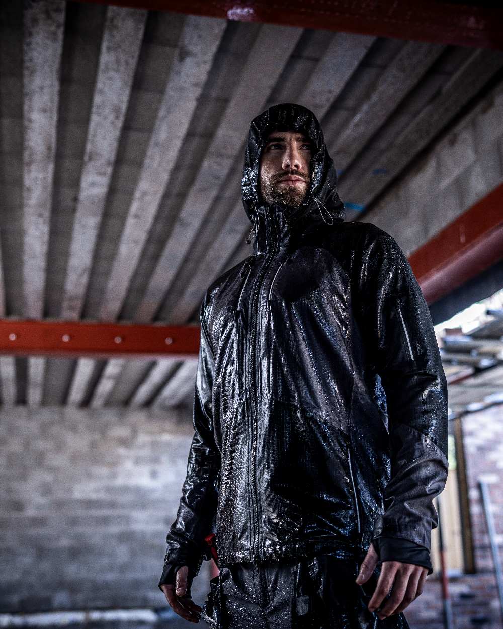Slate Grey Black coloured Regatta Mens 4Tex Stretch Waterproof Shell Jacket on blurry background 