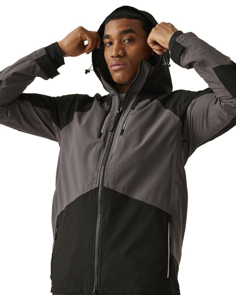 Slate Grey Black coloured Regatta Mens 4Tex Stretch Waterproof Shell Jacket on white background 