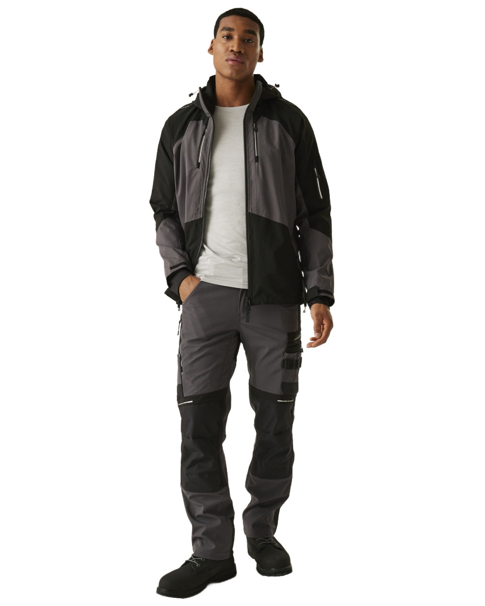 Slate Grey Black coloured Regatta Mens 4Tex Stretch Waterproof Shell Jacket on white background 