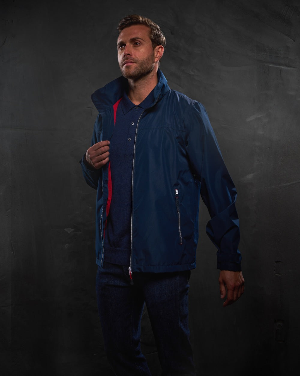 Navy Classic Red coloured Regatta Mens Ascender Waterproof Shell Jacket on black background 