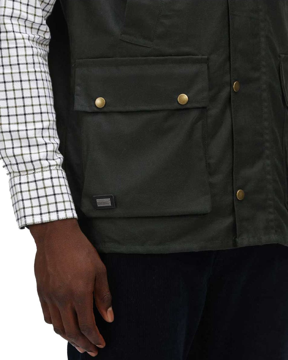 Dark Khaki coloured Regatta Mens Banbury Wax Bodywarmer on white background 