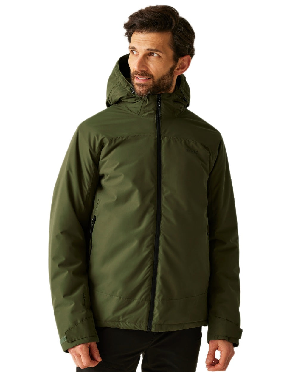 Olive Night Coloured Regatta Mens Caspen Waterproof Insulated Jacket on white background 