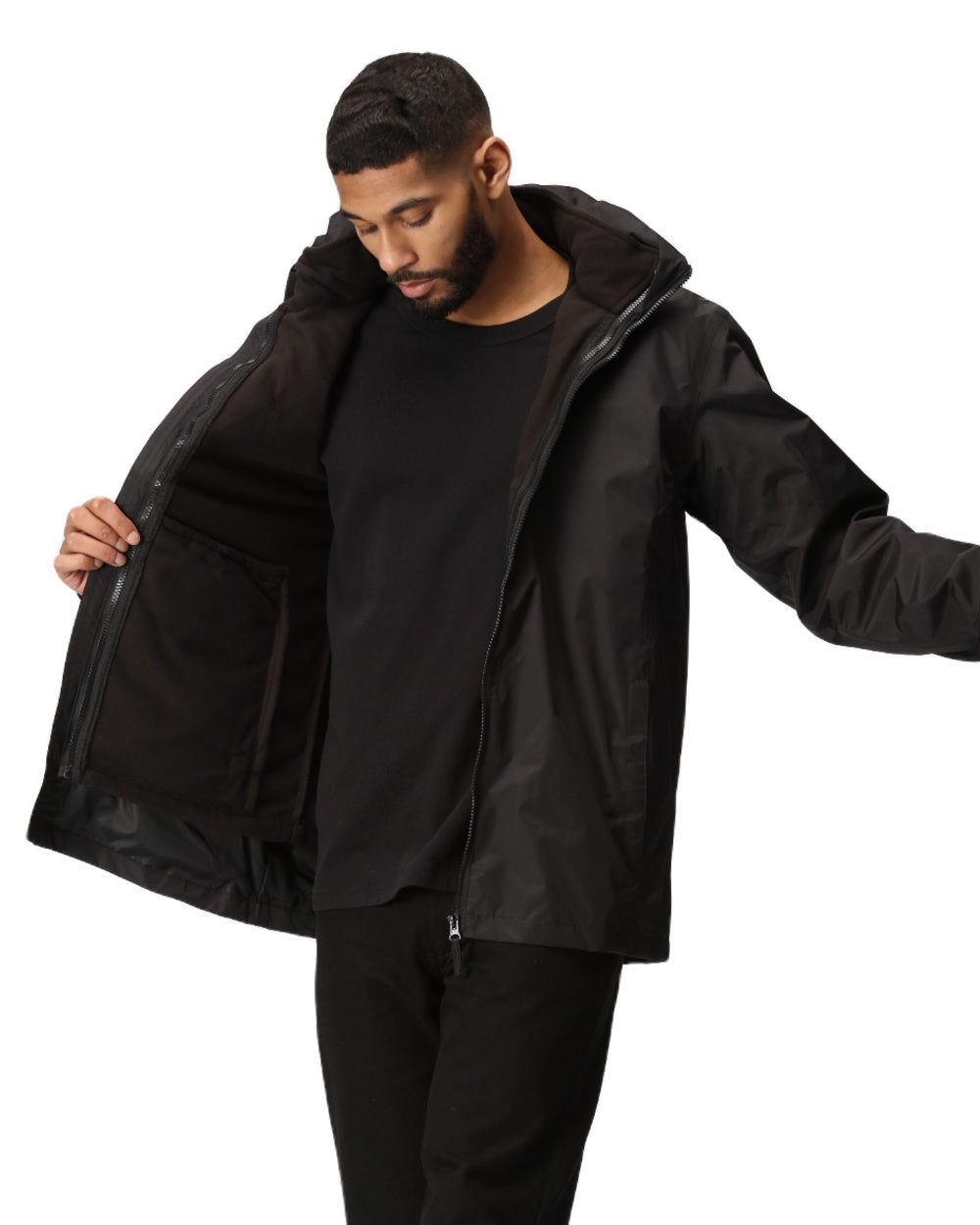 Black coloured Regatta Mens Classic Waterproof 3 in 1 Jacket on white background 