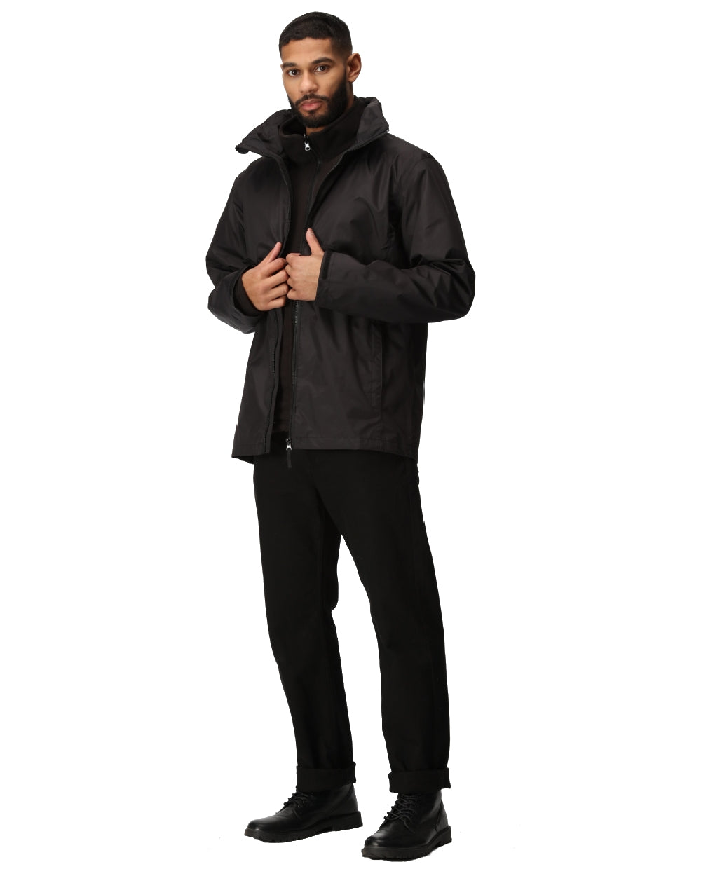 Black coloured Regatta Mens Classic Waterproof 3 in 1 Jacket on white background 