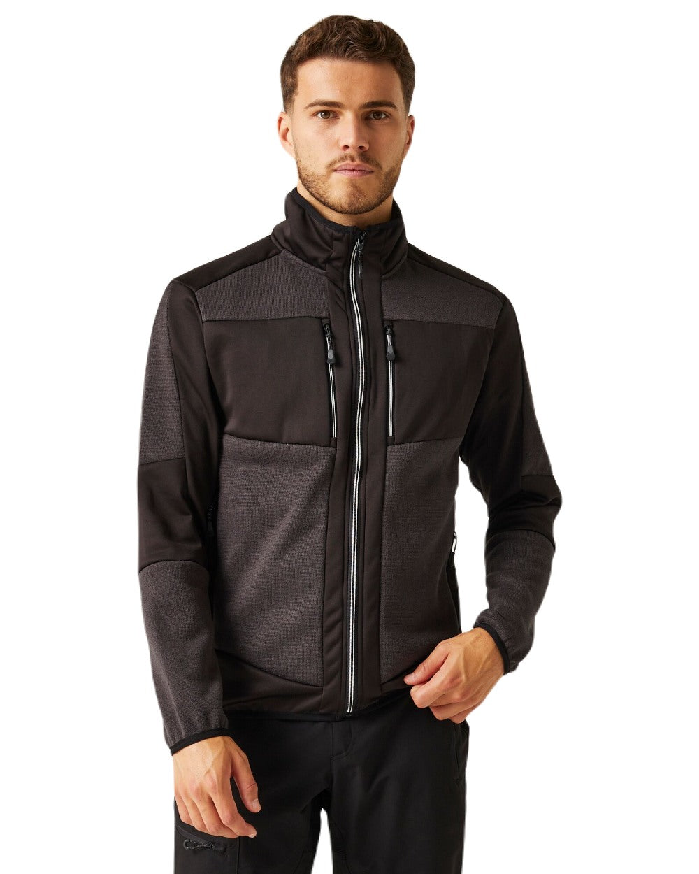 Ash Black coloured Regatta Mens E-Volve Stretch Midlayer Fleece Jacket on white background 