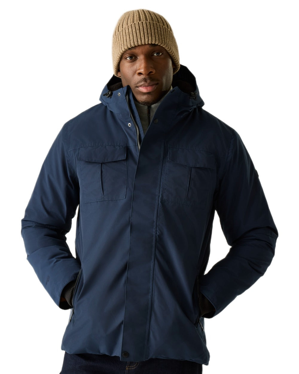 Navy Black Coloured Regatta Mens Eamont Waterproof Insulated Jacket on white background 