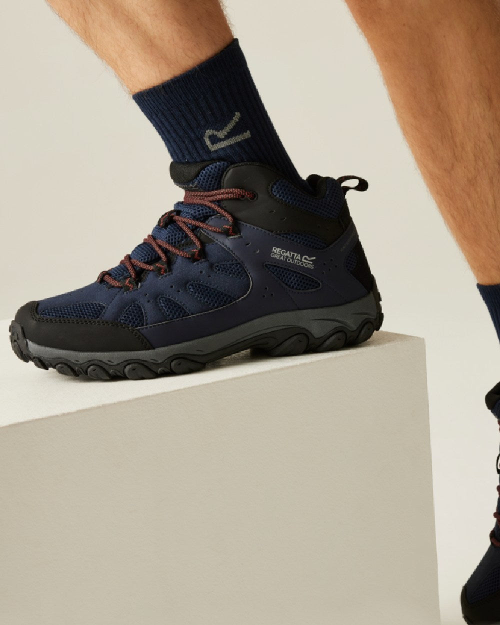 Navy Potters Clay Coloured Regatta Mens Edgepoint IV Mid Walking Boots on indoor background 