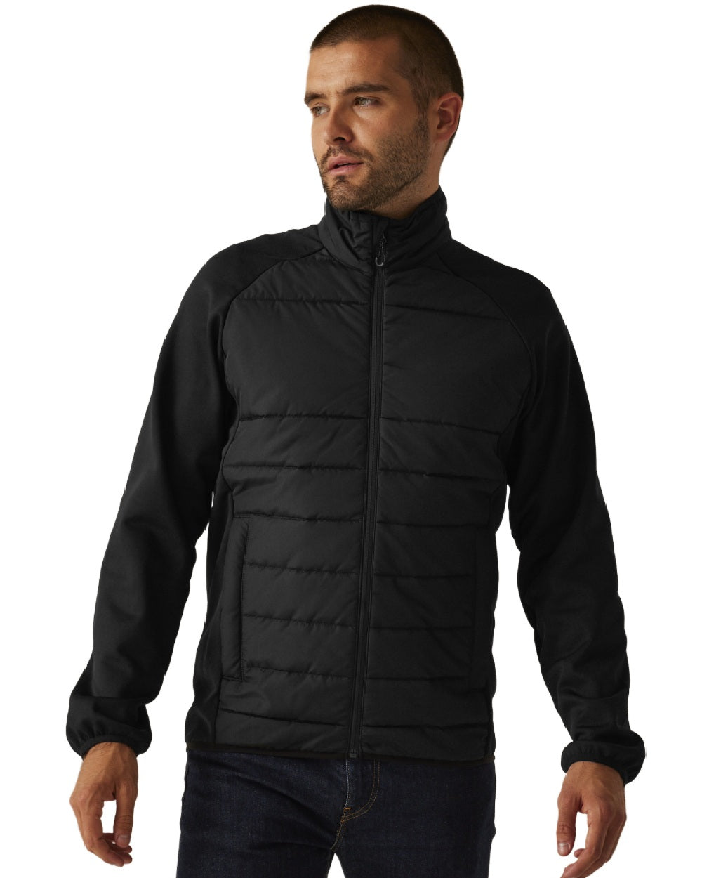 Black coloured Regatta Mens Essential Hybrid Jacket on white background 