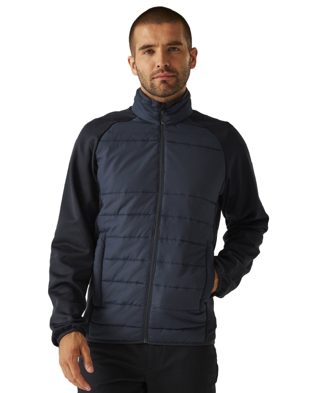 Navy coloured Regatta Mens Essential Hybrid Jacket on white background 