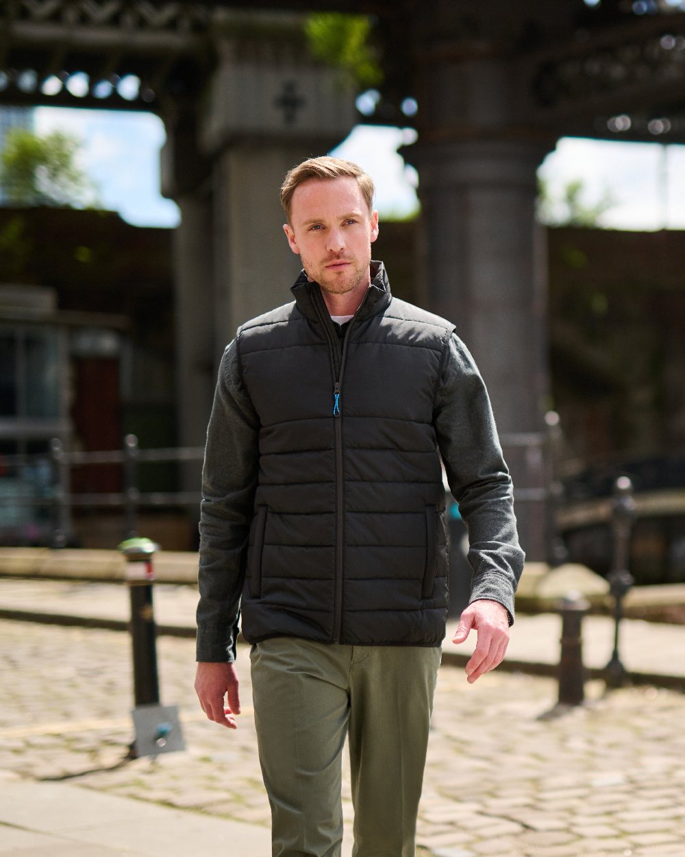 Black coloured Regatta Mens Essential Thermal Bodywarmer on blurry background 