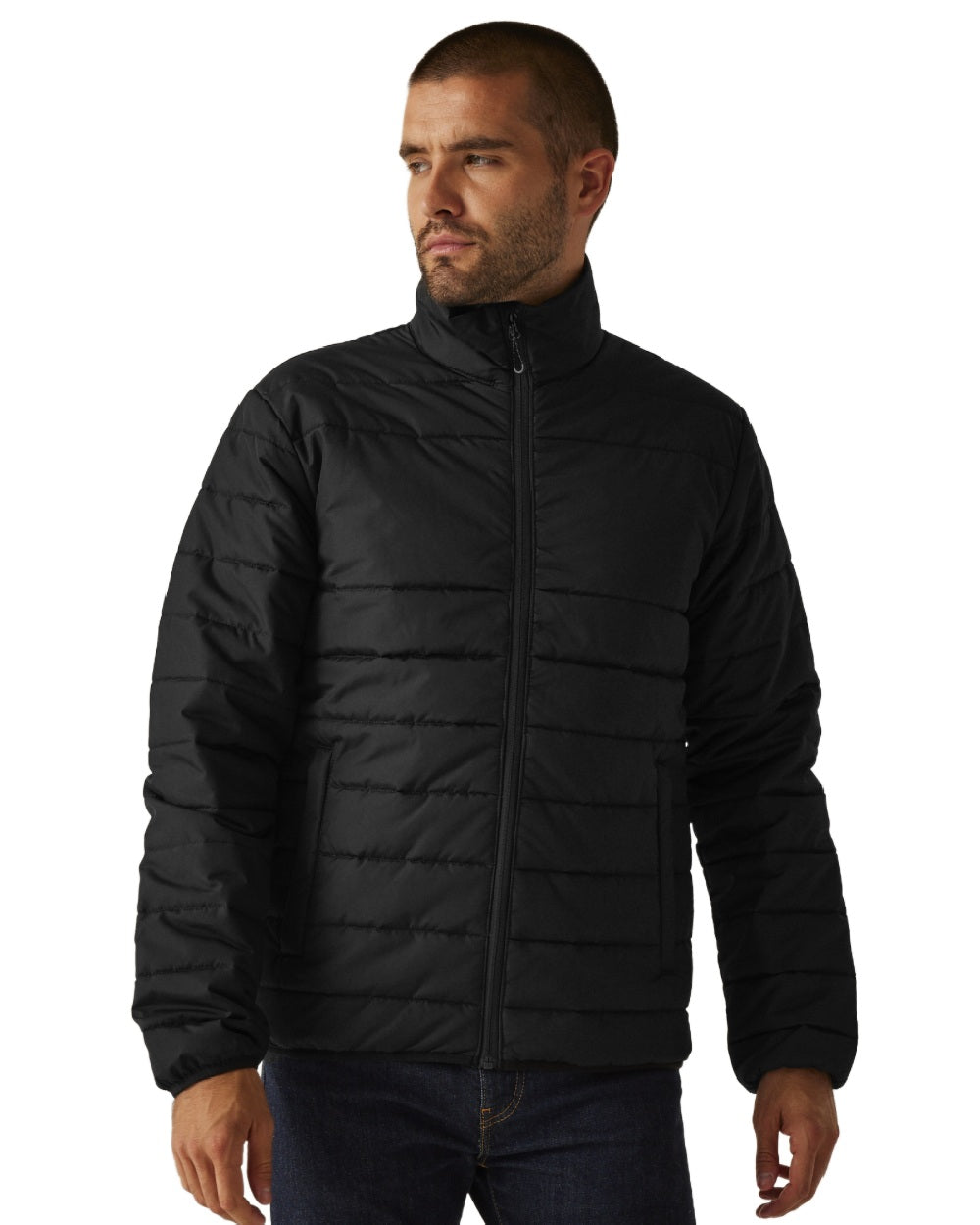 Black coloured Regatta Mens Essential Thermal Jacket on white background 