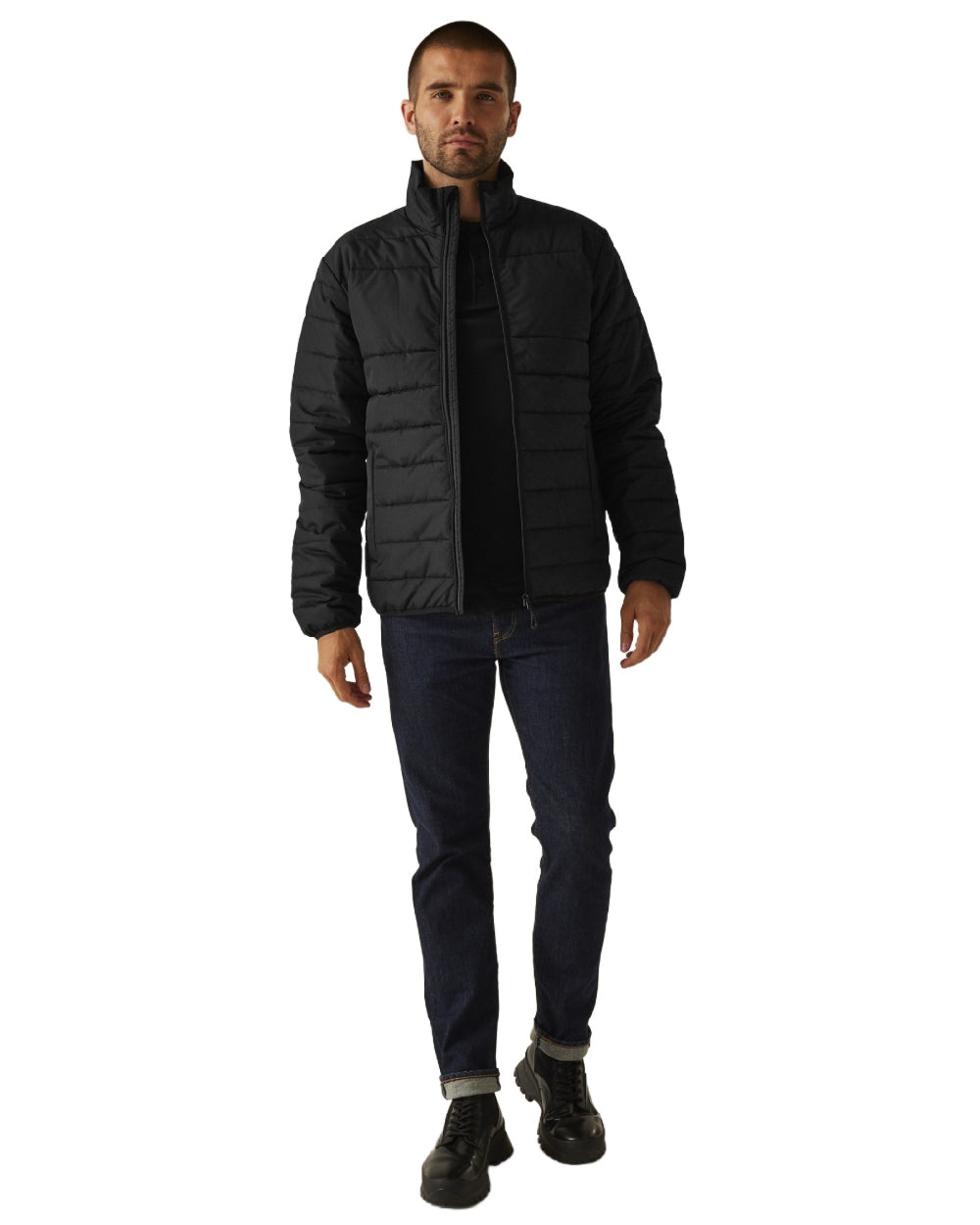 Black coloured Regatta Mens Essential Thermal Jacket on white background 